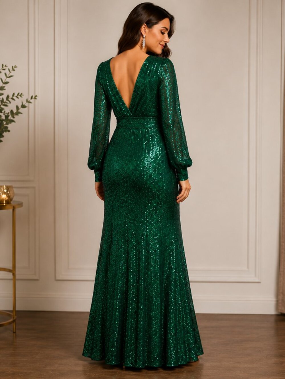 Green Sequin Maxi Dress Womens Medium Deep V Mermaid Evening Gown - Picture 2 of 5